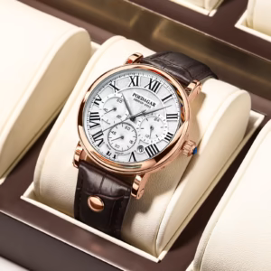 POEDAGAR 986 Quartz Chronograph Watch with white dial and brown leather strap.