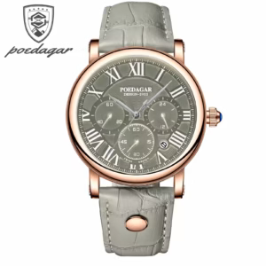 POEDAGAR 986 Quartz Chronograph Watch in rose gold khaki with leather strap.