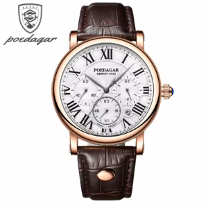 POEDAGAR 986 Quartz Chronograph Watch in rose gold white with a brown leather strap.